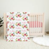 Baby Girl Floral Baby Name Blanket, Personalized Blush Pink Yellow Watercolor Flowers Baby Shower Gift Floral Monogram B1028