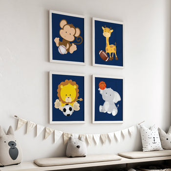 Set of 4 Prints or Canvas- Lion Elephant Giraffe Monkey Basketball Soccer Football Baseball,