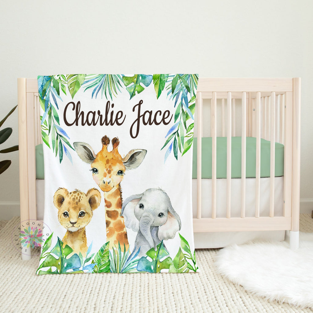 Safari Animals Boy Name Blanket with Tropical Leaves