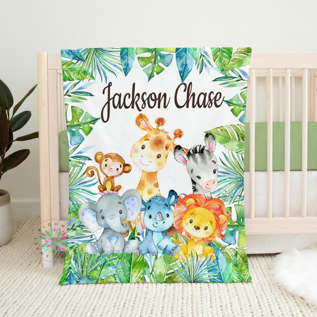 Personalized Safari Animals Blanket with Tropical Leaves