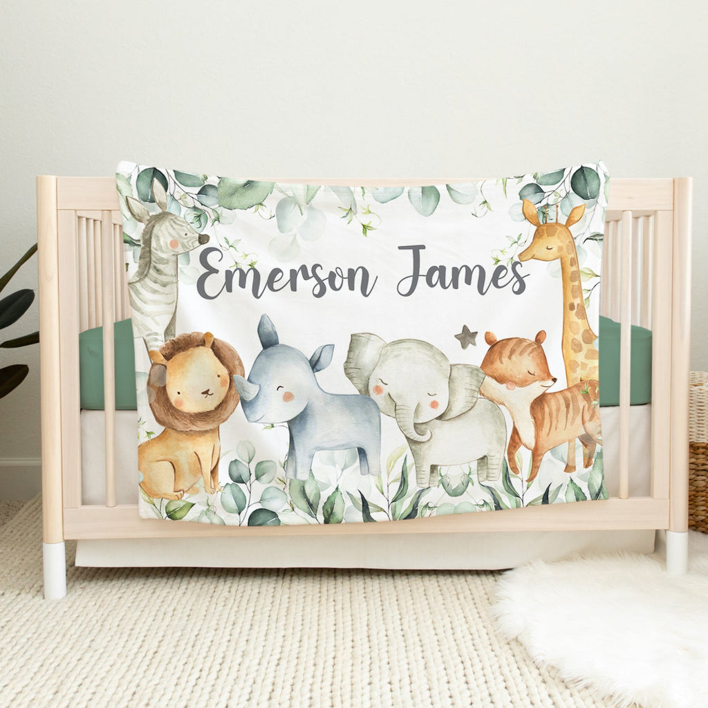 Safari Animals Baby Boy Blanket with Eucalyptus Leaves
