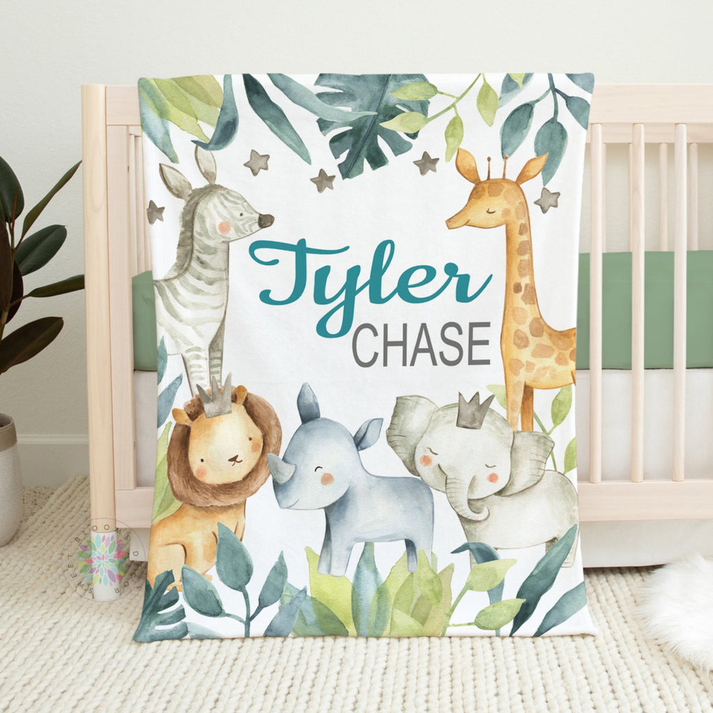 Personalized Jungle Animals Baby Boy Blanket
