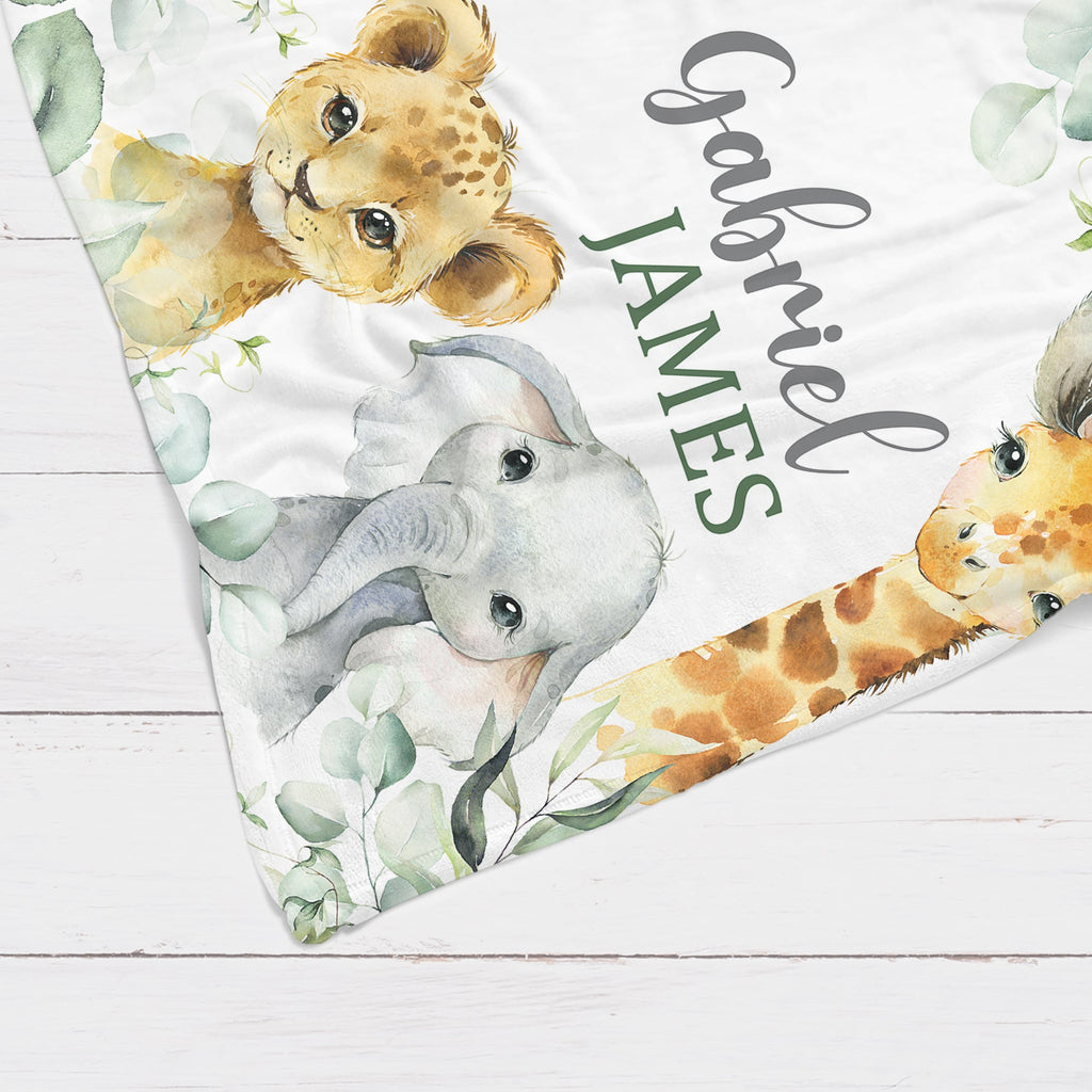 Safari Animals Baby Boy Blanket with Eucalyptus Leaves
