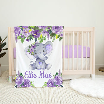 Elephant Baby Girl Name Blanket, Lavender Purple Floral Name Blanket Flowers Newborn Monogram Baby Shower Gift Bedding Nursery Decor B994