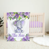 Elephant Baby Girl Name Blanket, Lavender Purple Floral Name Blanket Flowers Newborn Monogram Baby Shower Gift Bedding Nursery Decor B994