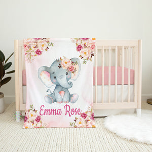 Elephants Baby Girl Name Blanket Watercolor Coral Blush Pink Peach Magenta Floral Girl Name Monogram Flowers Baby Shower Gift Bedding B1100