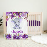 Elephant Baby Girl Name Blanket Purple Lavender Plum Florals Newborn Monogram Flowers Baby Shower Gift Bedding B1118