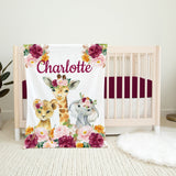 Animals Baby Blanket, Girl Personalized Floral Safari Jungle Flowers Blush Pink Burgundy Red Roses Baby Shower Gift Nursery Bedding B1097