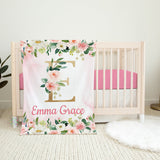 Blush Pink Floral Baby Girl Name Blanket, Personalized Watercolor Pink Gold Flowers Roses Baby Shower Gift Newborn Girl Gift B1047