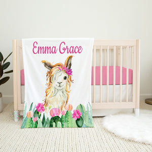 Llama Baby Girl Name Blanket, Cactus Pink Floral Lama Flowers Personalized Baby Shower Gift Nursery Decor B1018