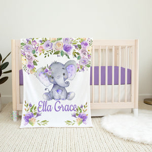 Elephant Baby Girl Blanket Lavender Purple Lilac Floral Name Blanket Flowers Newborn Monogram Baby Shower Gift Bedding Nursery Decor B1226
