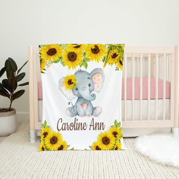 Sunflower Elephant Girl Name Blanket, Yellow Floral Personalized Baby Girl Shower Gift B1187