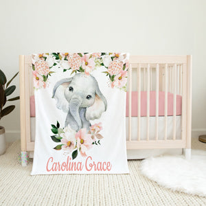 Floral Elephant Girl Name Blanket, Blush Pink Coral Watercolor Flowers Baby Shower Gift Nursery Blanket B1174