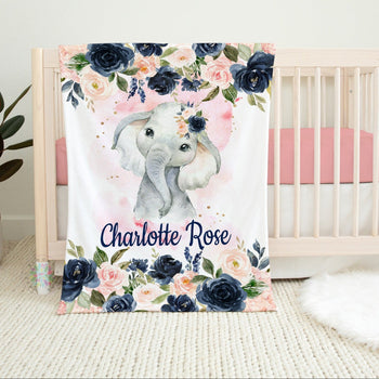 Elephant Baby Blanket Navy Blue Coral Blush Pink Floral Name Personalized Girl Swaddle Flowers Baby Shower Gift Nursery Bedding B1081