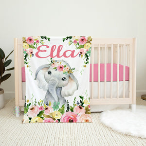 Elephant Floral Baby Girl Name Blanket, Blush Pink Flowers Roses Baby Girl Elephant New Born Baby Shower Gift B1016