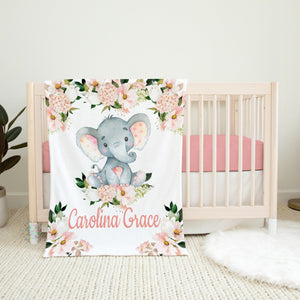 Floral Elephant Name Blanket Blush Pink Coral Watercolor Flowers Baby Shower Gift Nursery Newborb Todler Birthday Gift B1175