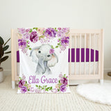 Elephant Purple Floral Girl Blanket, Purple Lavender Lilac Flowers Personalized Girl Blanket, Baby Shower Gift Nursery B1157