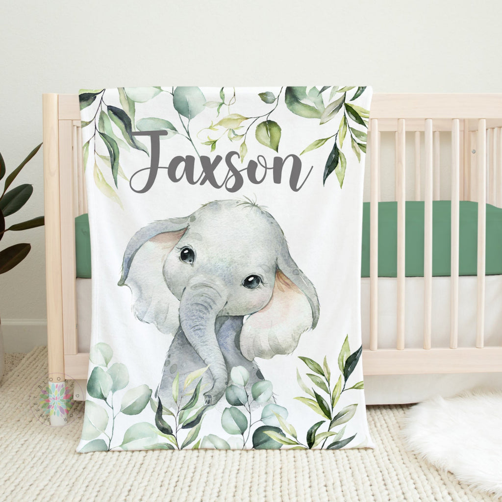 Personalized Elephant Baby Boy Blanket with Greenery