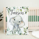 Personalized Elephant Baby Boy Blanket with Greenery