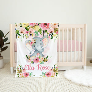 Elephant Baby Blanket, Personalized Girl Blush Pink Flowers Roses Name Blanket Baby Shower Gift Newborn Nursery Bedding Birthday B1181