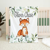 Fox Baby Name Blanket with Eucalyptus Leaves