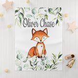 Fox Baby Name Blanket with Eucalyptus Leaves