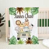 Safari Animals Truck Baby Boy Name Blanket with Tropical Leaves