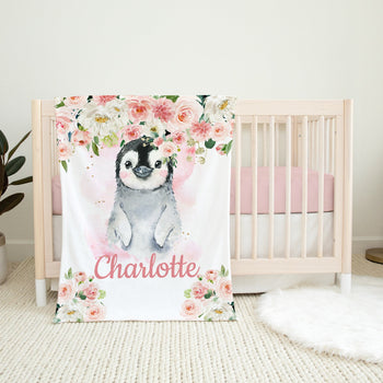 Penguin Baby Girl Name Blanket Blush Pink Floral Blanket Newborn Baby Girl Monogram Flowers Baby Shower Gift Penguin Bedding B1257