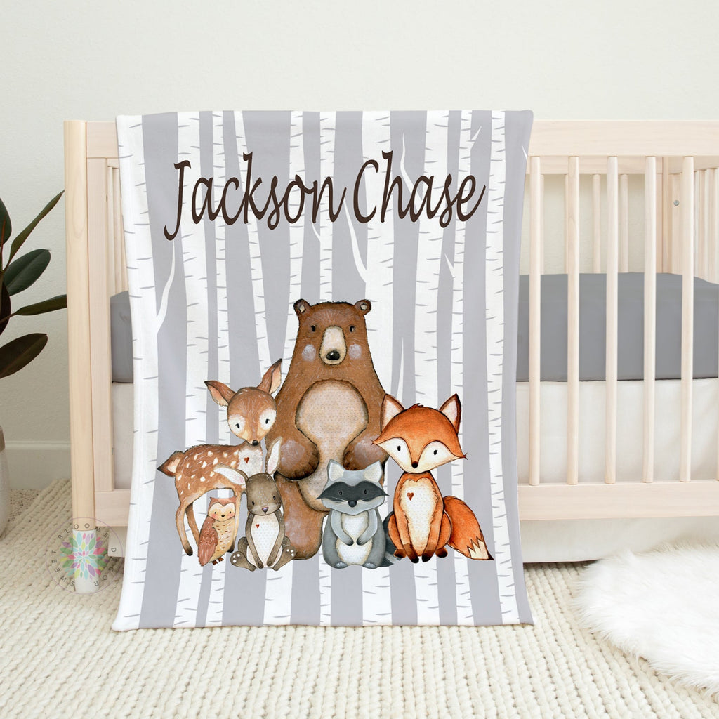 Woodland Animals Baby Boy Name Blanket Birch Trees