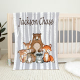 Woodland Animals Baby Boy Name Blanket Birch Trees