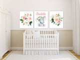 Elephant Baby Girl Floral Nursery Wall Art Blush Pink Coral Flowers with Name Decor C894