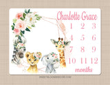 Safari Animals Floral Girl Milestone Blanket, Blush Pink Flowers Monthly Blanket Jungle Animals Personalized Newborn Baby Shower Gift B1317