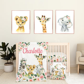 Safari Animals Blush Pink Floral Baby Girl Nursery Crib Sheet,14x14 Throw Pillow, 30x40 Minky Blanket, 3(8x10) Wall Art, Baby Shower Gifts