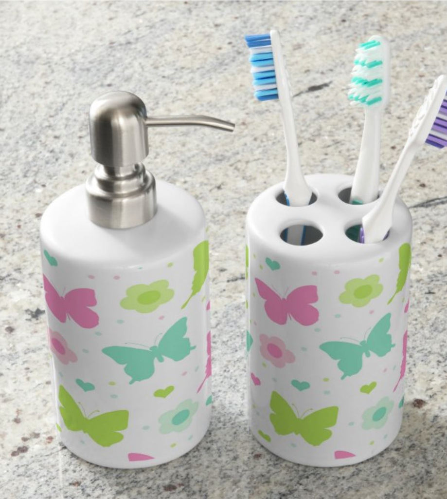 Butterflies and Flowers Shower Curtain, Bath Mat Towels S174