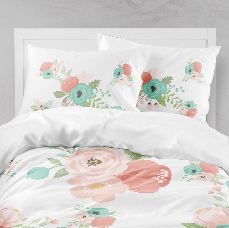 Coral Mint Green Teal Gray Floral Bedding Set, Pillow Shams, Throw Pillow