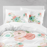 Coral Mint Green Teal Gray Floral Bedding Set, Pillow Shams, Throw Pillow