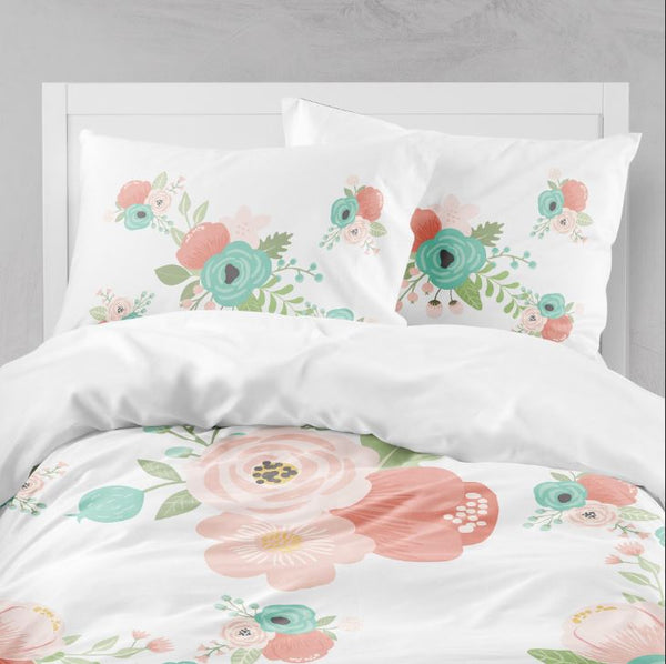 Kids Comforter Navy Blue Blush Pink Coral Flowers Bedding Set