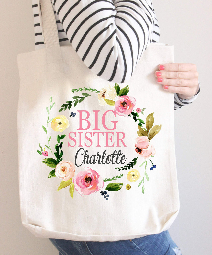 Big Sister Floral Tote Bag Personalized Name Pink Purple Flowers Canvas Wedding Bride Bridesmaid Mother of the Bride Girl Gift Wreath 134-Sweet Blooms Decor