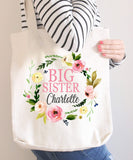 Big Sister Floral Tote Bag Personalized Name Pink Purple Flowers Canvas Wedding Bride Bridesmaid Mother of the Bride Girl Gift Wreath 134-Sweet Blooms Decor