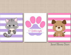Cats Dogs Nursery Decor Wall Art Kittens Puppies Pink Purple Name Monogram Paws BAby Gilr Bedroom Decor Birthday Gift C591-Sweet Blooms Decor