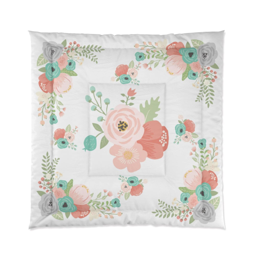 Coral Mint Green Teal Gray Floral Bedding Set, Pillow Shams, Throw Pillow