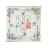Coral Mint Green Teal Gray Floral Bedding Set, Pillow Shams, Throw Pillow