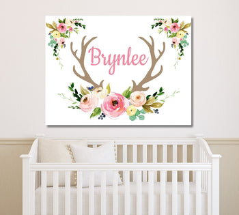 Deer Antlers Floral Girl Nursery Name Sign Wall Art Blush Pink Coral Flowers Bedroom Decor Personalized Baby Shower Gift CANVAS C890