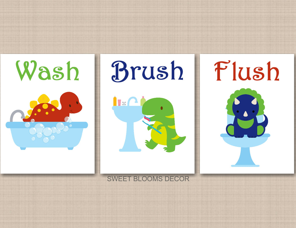 Dinosaur Bathroom Wall Art Dino Park Kids Bathroom Decor Navy Blue Green Red Dinosaur Baby Bathroom PRINTS or CANVAS B176