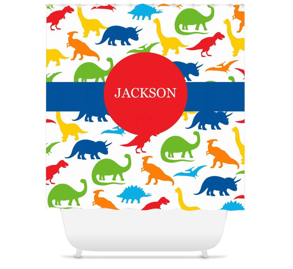 Dinosaur Shower Curtain Name Monogram Kids Shower Curtain Bath Mat Red Green Orange Yellow Blue Bathroom Decor S166