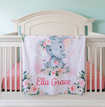 Personalized Elephant Floral Baby Girl  Blanket B675