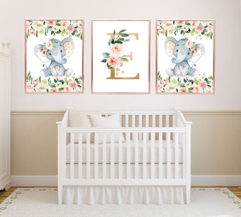 Elephant Baby Girl Floral Nursery Wall Art Blush Pink Coral Flowers with Name Decor C868-Sweet Blooms Decor