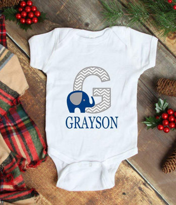 Elephant Baby One Piece Bodysuit Navy Blue Personalized Baby Boy Outfit Baby Shower Gift Newborn Infant One-Piece Body Suit Baby Clothes 110-BODY SUITS & T-SHIRTS-Sweet Blooms Decor