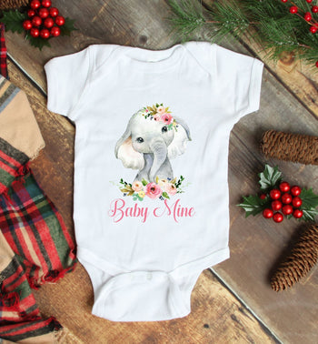 Elephant Baby One Piece Bodysuit Pink Floral Personalized Baby Girl Outfit Baby Shower Gift Newborn Infant One-Piece Body Suit 124-BODY SUITS & T-SHIRTS-Sweet Blooms Decor