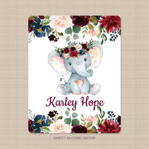 Elephant Floral Girl Name Blanket Blush Pink Burgundy Red Navy Blue Maroon Watercolor Flowers Wreath Baby Shower Gift B1057